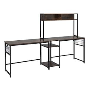 59 in. L-shaped Rustic Brown Desk with Power Outlet Large Corner Desk Converts to 2-Person Long Desk