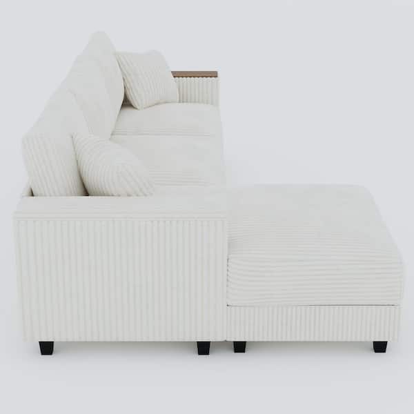 Kim 114.56 in. Corduroy Upholstery L-Shaped Sectional Sofa in. White with Hidden Storage, Reversible Chaise, Pillows