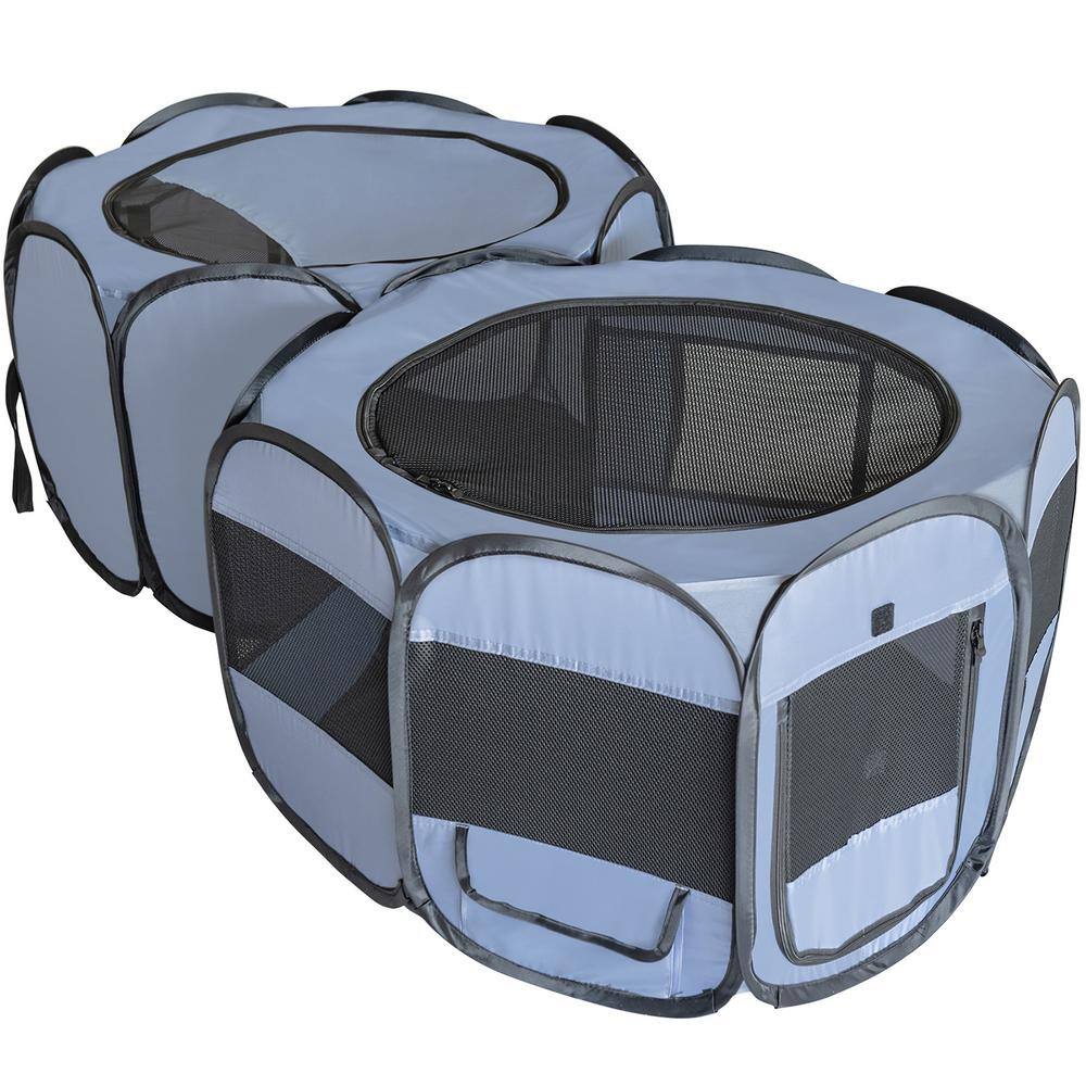 Gray Double Room Pop-Up Pet Playpen with Mesh Panels