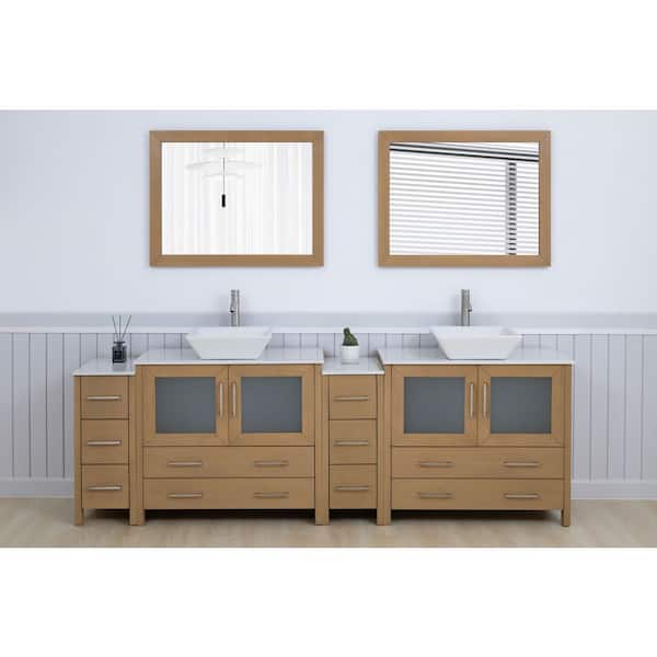 96 in. W Double Basin Natural Oak Bath Vanity with White Engineered Marble Top and Mirror