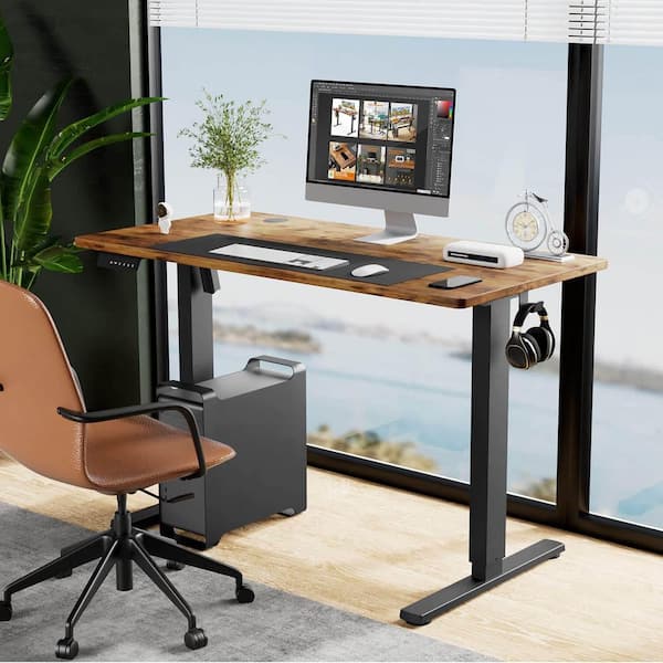 Homy Casa DENI 39.37 in. W Walnut Electric Adjustable Height Standing Desk, Modern Wood and Metal Frame Stand-Up Desk