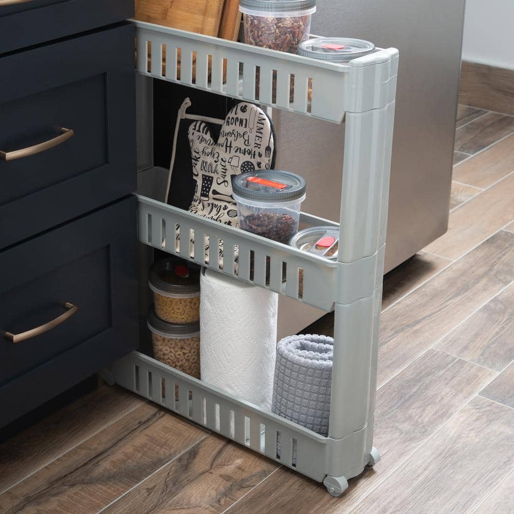 Gray Slim 3-Tier Rolling Plastic Storage Cart