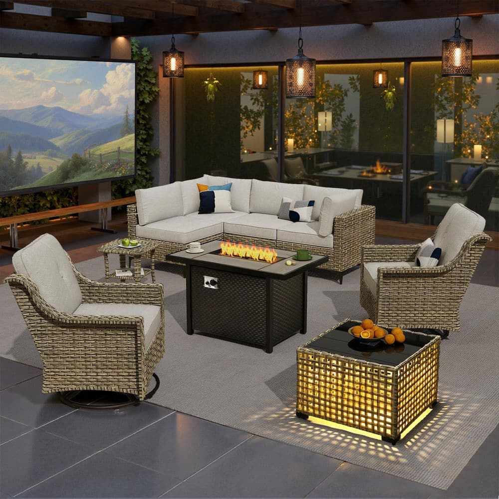 Holly Gray 9-Piece Wicker Rectangle Fire Pit Patio Conversation Set with Gray Cushions and Swivel Chairs price history on PriceWatchPro