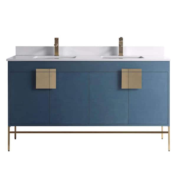 FINE FIXTURES 60 in. W x 20.47 in. D x 33.5 in. H Bath Vanity in French Blue with Phoenix Stone Vanity Top in White