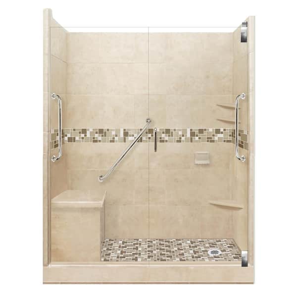 Tuscany Freedom Grand Hinged 34 in. x 60 in. x 80 in. Right Drain Alcove Shower Kit in Brown Sugar and Satin Nickel