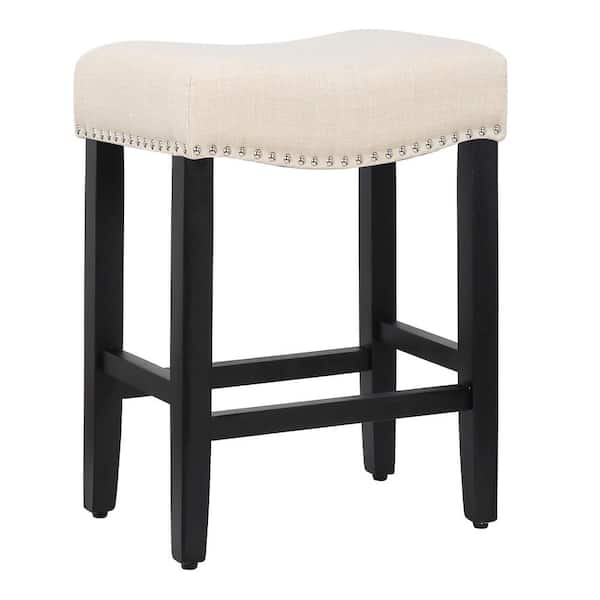 WESTINFURNITURE Jameson 24 in. Counter Height Black Wood Backless Nailhead Trim Barstool with Upholstered Beige Linen Saddle Seat