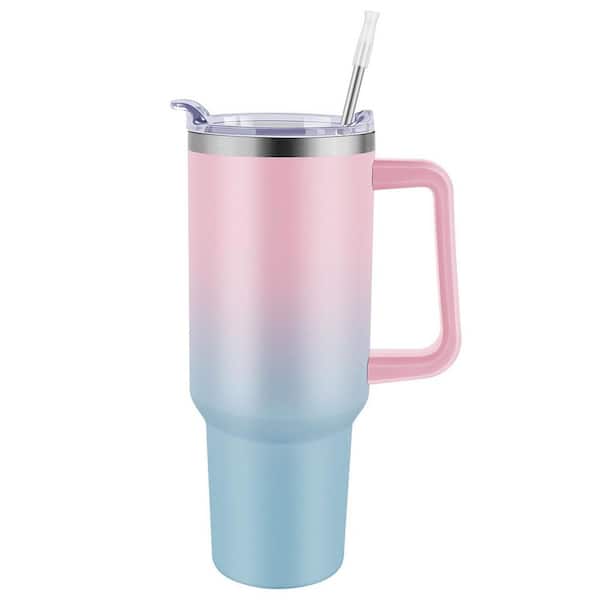 40 oz. Pink and Blue Stainless Steel Travel Mug with Handle and Straw Lid, Leak-proof Insulated Tumbler