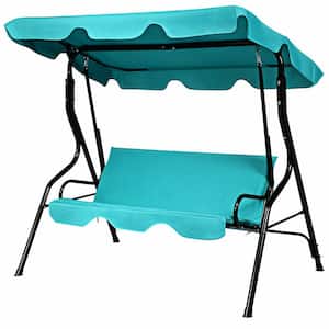 3-Person Steel Patio Swing with Canopy and Blue Cushion
