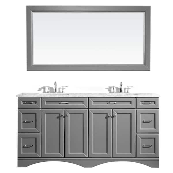 ROSWELL Naples 72 in. W x 22 in. D x 36 in. H Vanity in Grey with Marble Vanity Top in White with White Basin and Mirror