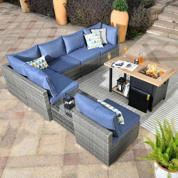 HOOOWOOO Messi Gray 8-Piece Wicker Outdoor Patio Conversation Sectional Sofa Set with a Storage Fire Pit and Denim Blue Cushions