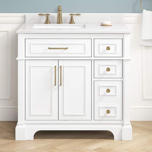 Melpark 36 in. Single Sink White Bath Vanity with White Engineered Marble Top (Assembled)