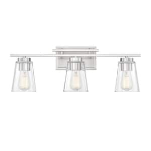 Calhoun 24 in. W x 8.75 in. H 3-Light Satin Nickel Bathroom Vanity Light with Clear Tapered Cone Glass Shades