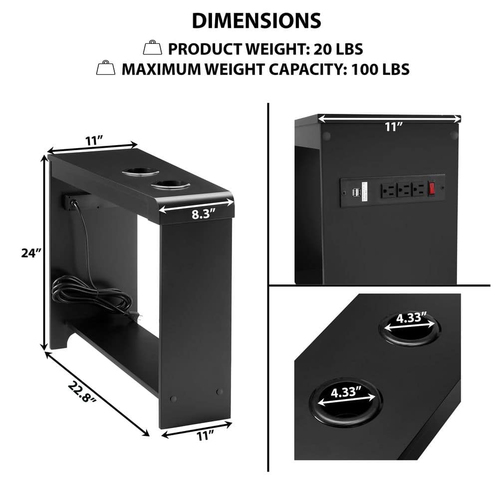 Black Wood 2-Drawer Nightstand with Charging Station