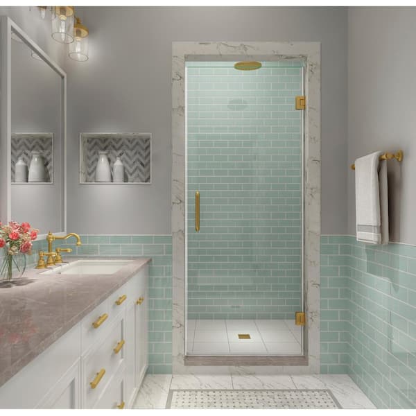 Aston Kinkade XL 22.25 in. - 22.75 in. x 80 in. Frameless Hinged Shower Door with StarCast Clear Glass in Brushed Gold