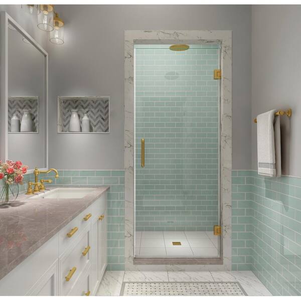 Aston Kinkade XL 22.75 in. - 23.25 in. x 80 in. Frameless Hinged Shower Door with StarCast Clear Glass in Brushed Gold