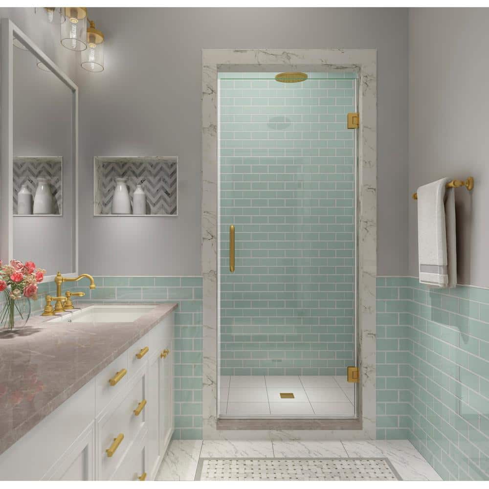 Kinkade XL 27.25 in. - 27.75 in. x 80 in. Frameless Hinged Shower Door with StarCast Clear Glass in Brushed Gold price history on PriceWatchPro