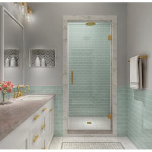 FINE FIXTURES 32 in. W x 74.25 in. H Hinged Frameless Shower Door in Satin  Brass Finish with Tempered Glass SDH1-32SB - The Home Depot