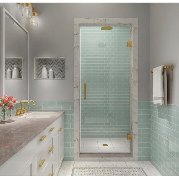 Aston Kinkade XL 38.25 in. - 38.75 in. x 80 in. Frameless Hinged Shower Door with StarCast Clear Glass in Brushed Gold