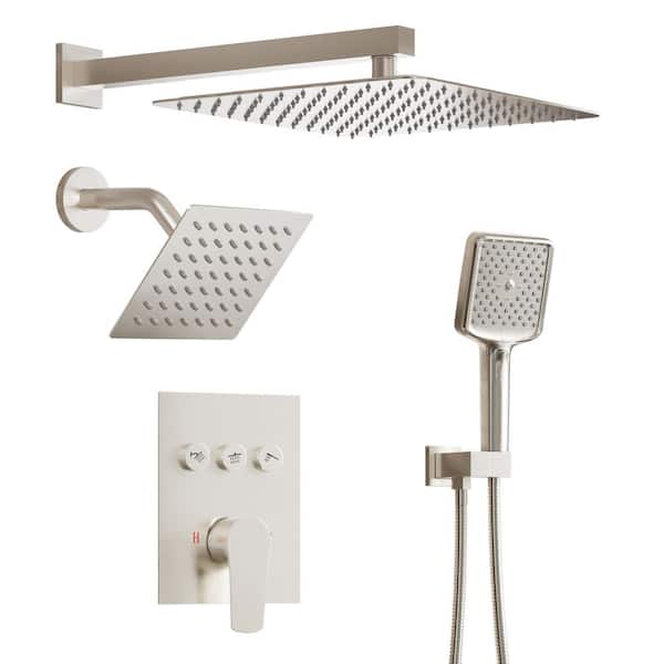 3-Spray Wall Mount Dual Fixed and Handheld Shower Head 1.8 GPM Pressure Balance Shower Faucet Set in Brushed Nickel