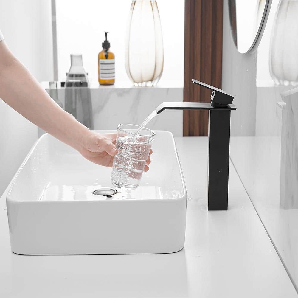 Matte Black Tall Waterfall Vessel Sink Faucet with Pop-Up Drain