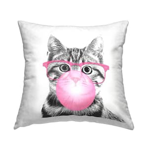 Tabby Cat Bubble Gum Pink Print Polyester 18 in. x 18 in. Throw Pillow