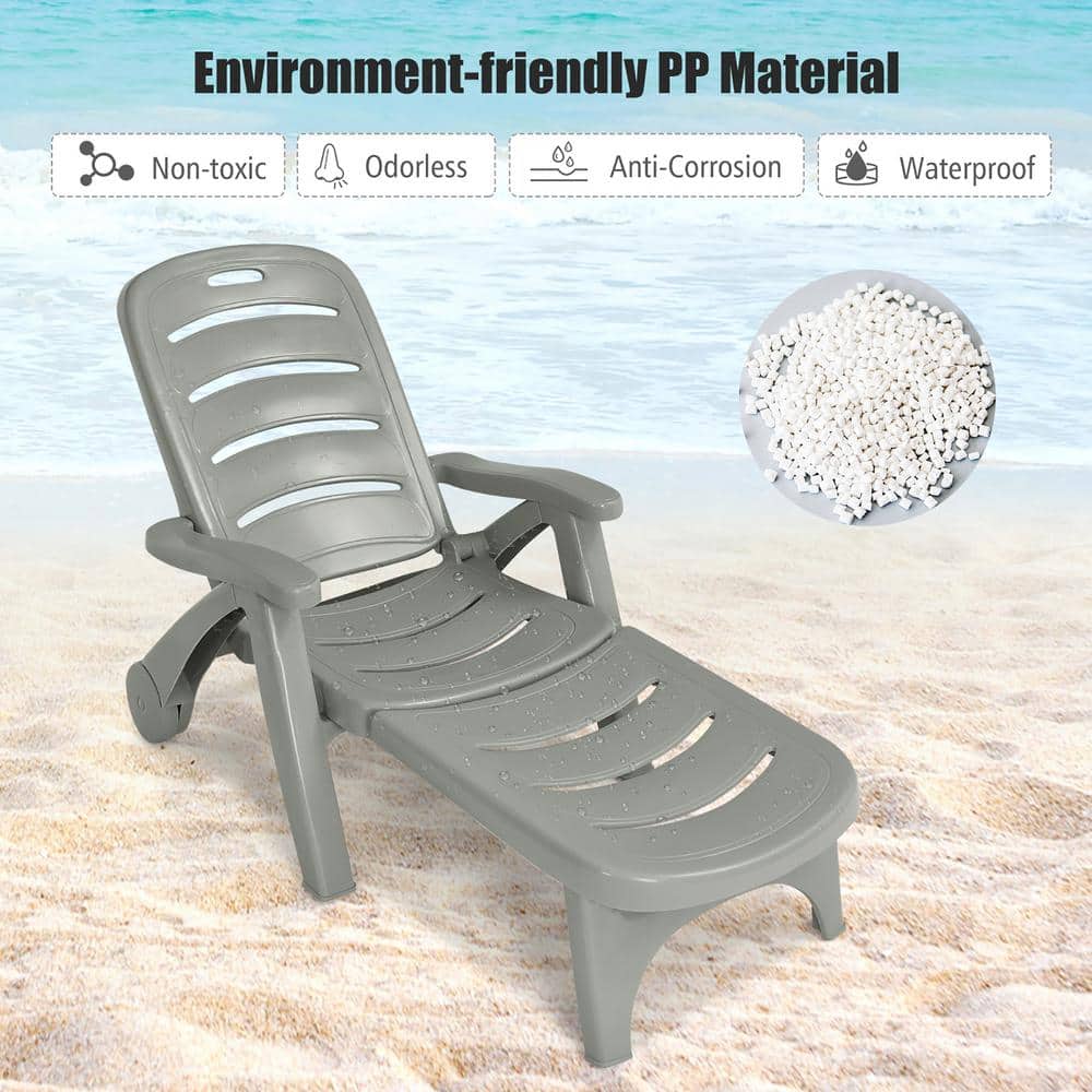 Gray 2-Piece Adjustable Plastic Outdoor Chaise Lounge Chairs