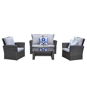 4-Pieces Outdoor Patio Furniture Set PE Rattan Wicker with Gray Cushions