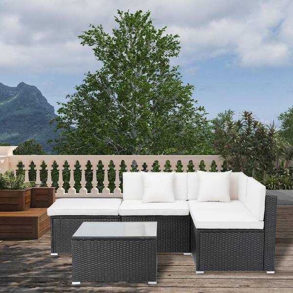Clihome 5-Piece Wicker Outdoor Patio Conversation Set PE Rattan Furniture Corner Sofa Set with White Cushions