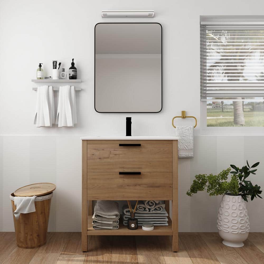 30 in. W x 18.3 in. D x 34 in. H Freestanding Bathroom Vanity Set in Imitative Oak with Integrated White Ceramic Top price history on PriceWatchPro