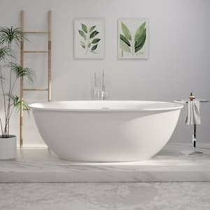 59 in. x 33 in. Solid Surface Freestanding Soaking Bathtub with Towel Hanger in White