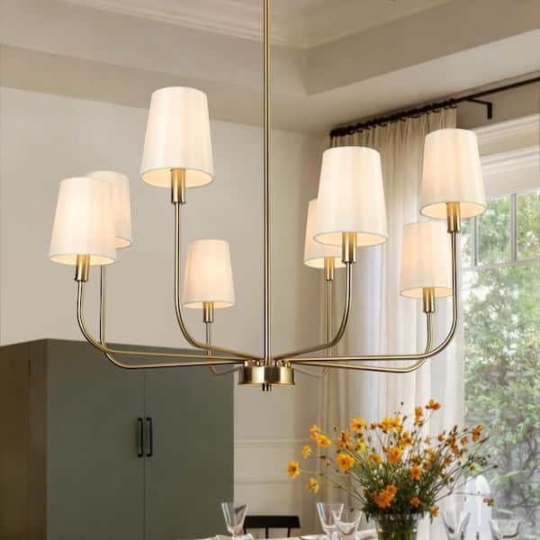 Modern Farmhouse 31 in. 8-Light Antique Plated Brass Linear Chandelier, Sputnik Chandelier with White Cone Fabric Shades