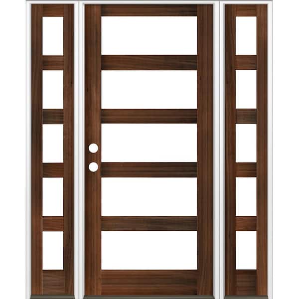 Krosswood Doors 70 in. x 96 in. Modern Hemlock Right-Hand/Inswing 5-Lite Clear Glass Red Mahogany Stain Wood Prehung Front Door w/DSL