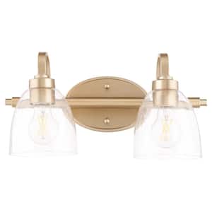 Reyes 2-Light - 100-Watt Medium Lamp Base Light Vanity 16 in. Width with 2 Clear Glaass Diffusers Aged Brass