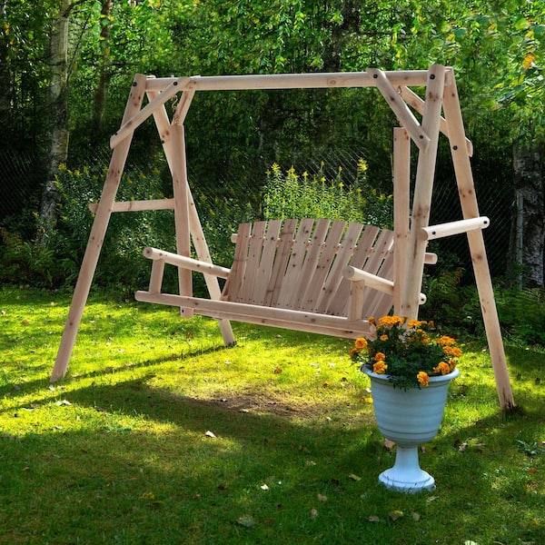 2 Person Natural Fir Wood Patio Swing, Wooden Patio Swing With Stand