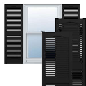 14-1/2 in. x 54 in. Lifetime Vinyl Custom Cathedral Top Center Mullion Open Louvered Shutters Pair Black