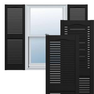 14-1/2 in. x 58 in. Lifetime Vinyl Custom Cathedral Top Center Mullion Open Louvered Shutters Pair Black