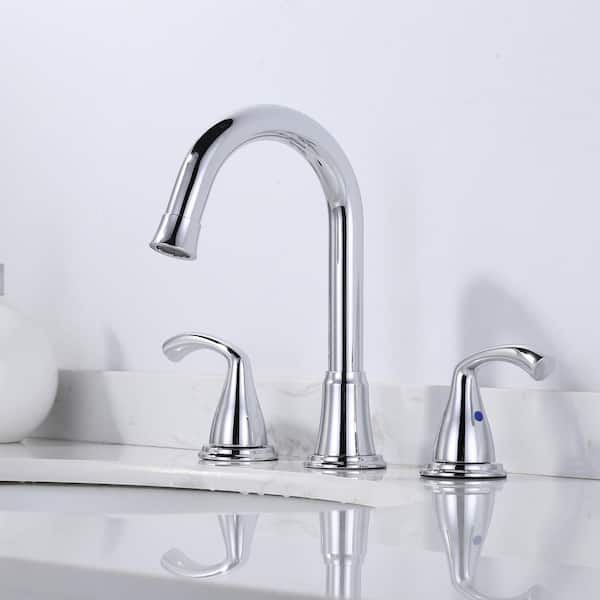 3 Hole 8 in. Widespread Double Handle Bathroom Faucet with Drain Kit Included in Polished Chrome
