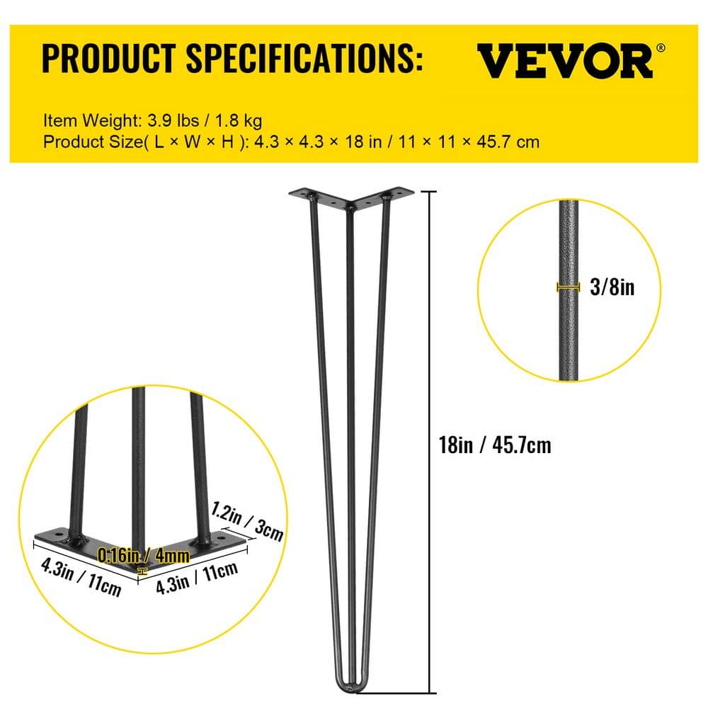 18" Black Carbon Steel Hairpin Table Legs Set of 4