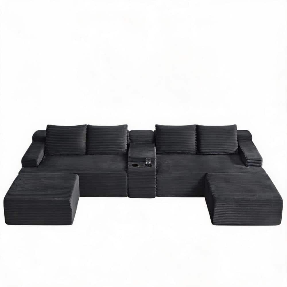 Compressible U-Shaped Sectional Sofa 5 Seat in. Dark Grey Corduroy Fabric Modular Cloud Couch for Living Room