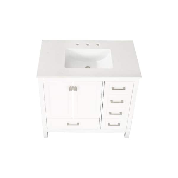 KINWELL 36 in.W x 22 in.D x 36 in. H Single Sink Bathroom Vanity in White with White Marble Top and