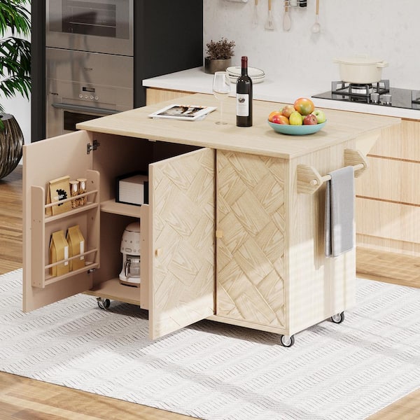 Harper & Bright Designs Handwoven Design Natural Ash Veneer Wood Kitchen Cart with Drop-Leaf, Door Internal Racks, 4-Wheels