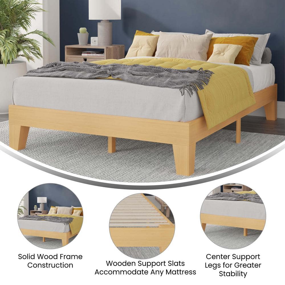 Natural Pine Full Platform Bed with Wood Headboard and Slats