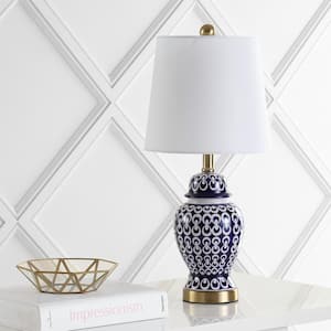 Kyra 21 in. Blue/White Patterned Table Lamp with White Shade