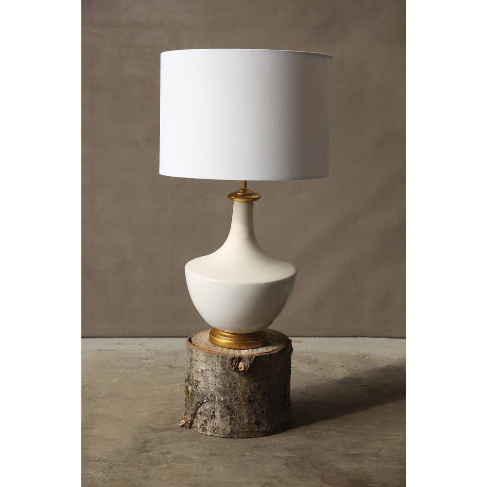 White Ceramic Table Lamp with Linen Shade and Gold Accents