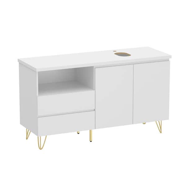 FUFU&GAGA 55.1 in. W x 18.9 in. D x 31.5 in. H White Wooden Ready to Assemble Floor Kitchen Vanity Cabinet with Drawers and Shelf