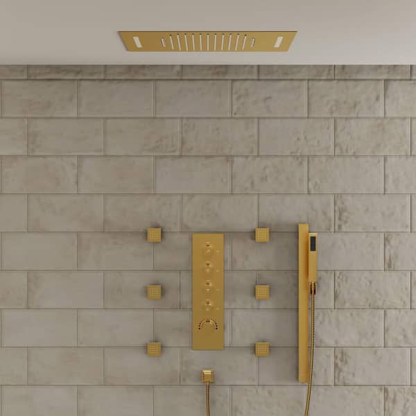 LED Thermostatic Quintuple Handle 15-Spray 23 x 15 in. Shower Faucets 2.5 GPM / Anti Scald, Body Spray in. Brushed Gold
