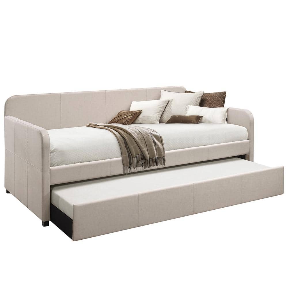 Beige Twin Upholstered Wood Frame Daybed with Trundle