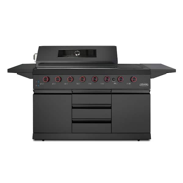 58 in. Newport Collection 8-Burner Propane Gas Grill, Side Griddle, Infrared Rotisserie, Knob LEDs, Matte Black