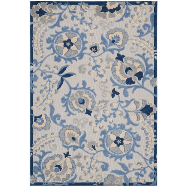 Nourison Aloha Blue/Gray 6 ft. x 9 ft. Floral Modern Indoor/Outdoor Patio Area Rug