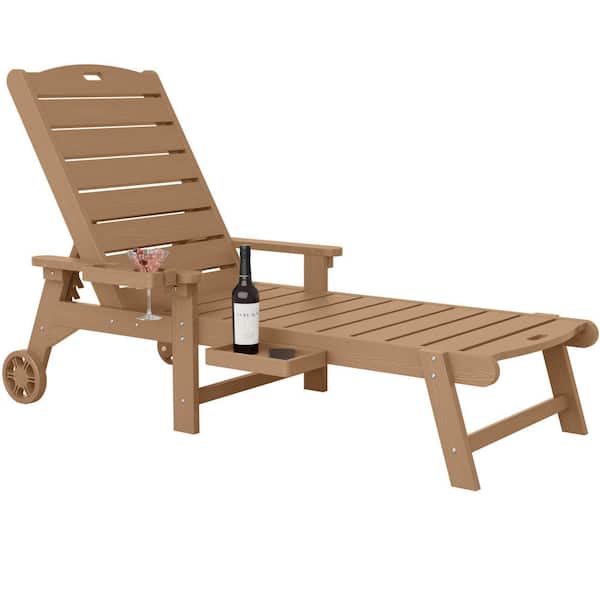 Mximu Teak HIPS Plastic Outdoor Chaise Lounge Chair with Cup Holder and Wheels